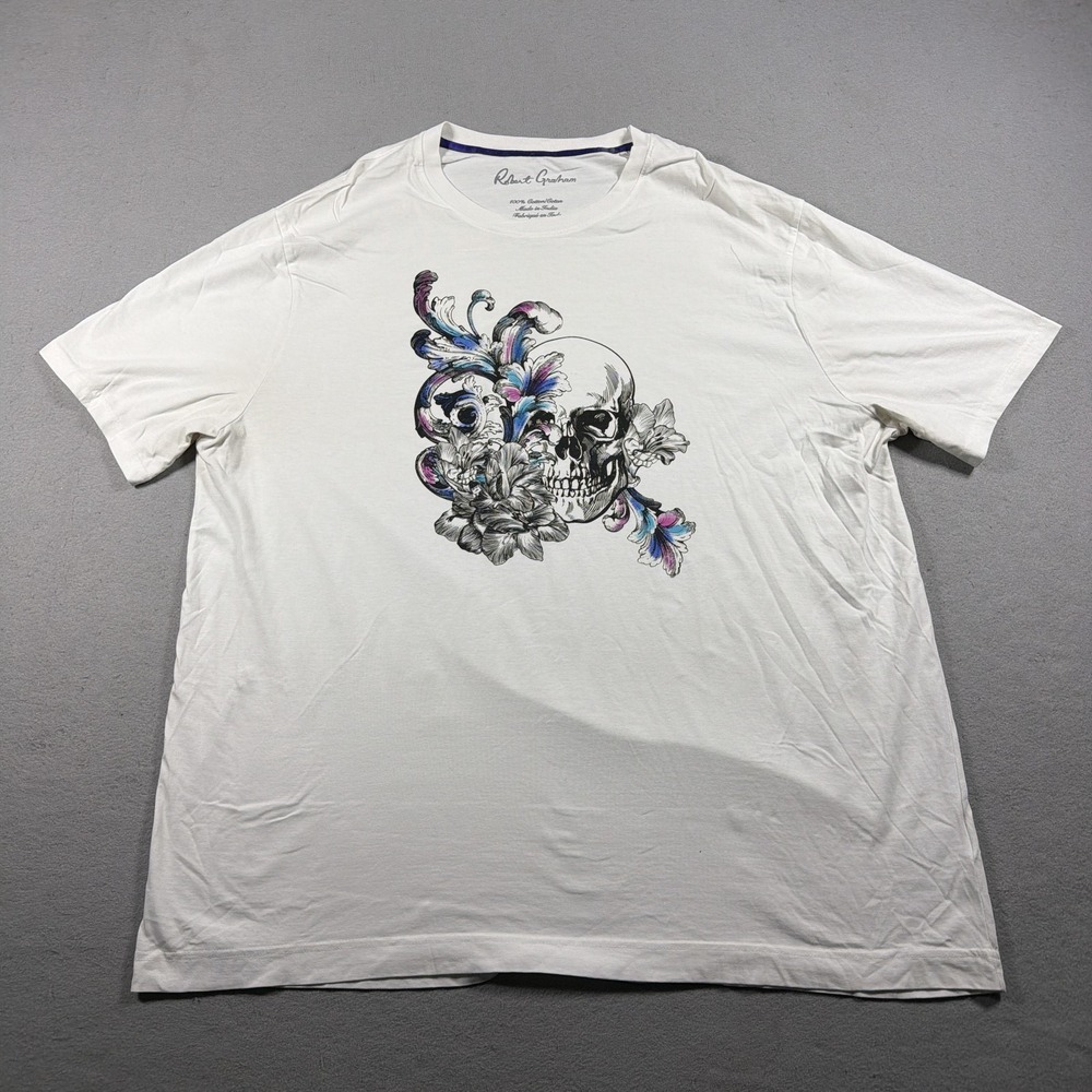 Robert Graham Shirt Mens 2XLT White Skull Floral Graphic Cotton Tee Big Tall